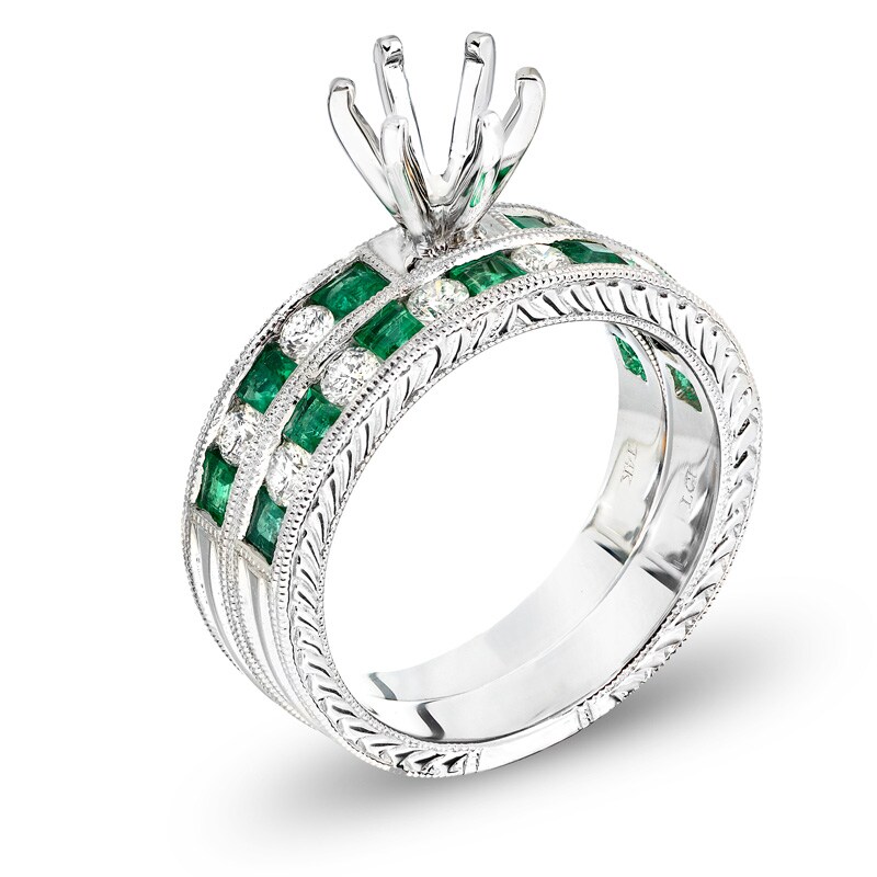 Princess-Cut Emerald and 1/2 CT. T.W. Diamond Semi-Mount Bridal Set in 14K White Gold