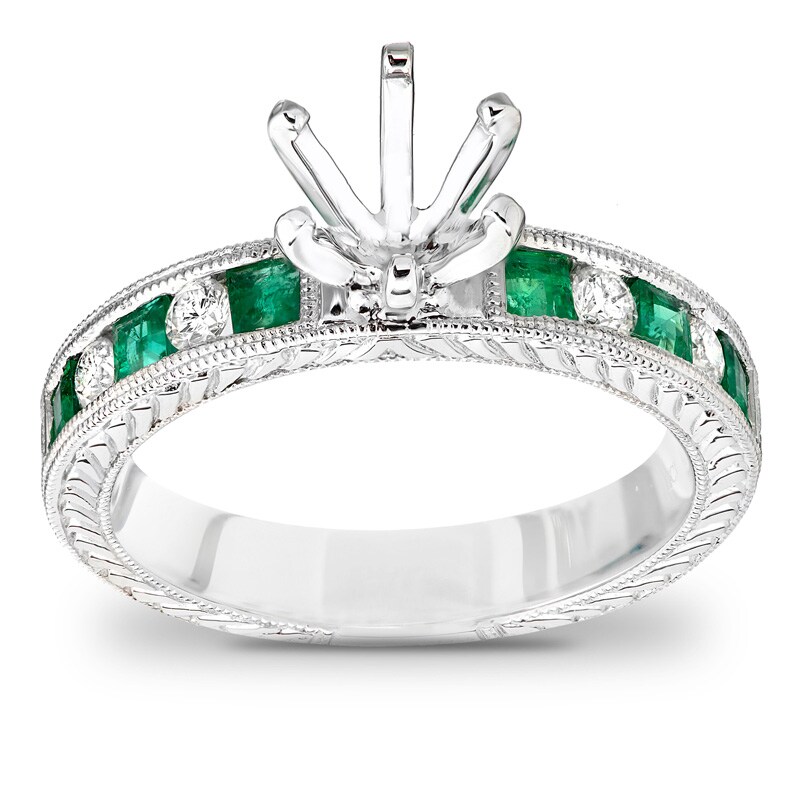 Princess-Cut Emerald and 1/2 CT. T.W. Diamond Semi-Mount Bridal Set in 14K White Gold