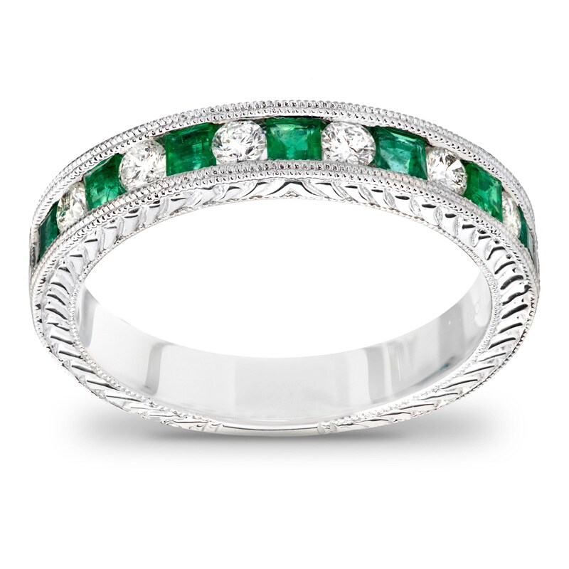Princess-Cut Emerald and 1/2 CT. T.W. Diamond Semi-Mount Bridal Set in 14K White Gold