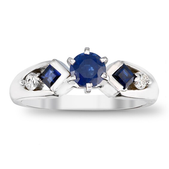 5.0mm Blue Sapphire and 1/10 CT. T.w. Diamond Engagement Ring in 14K White Gold