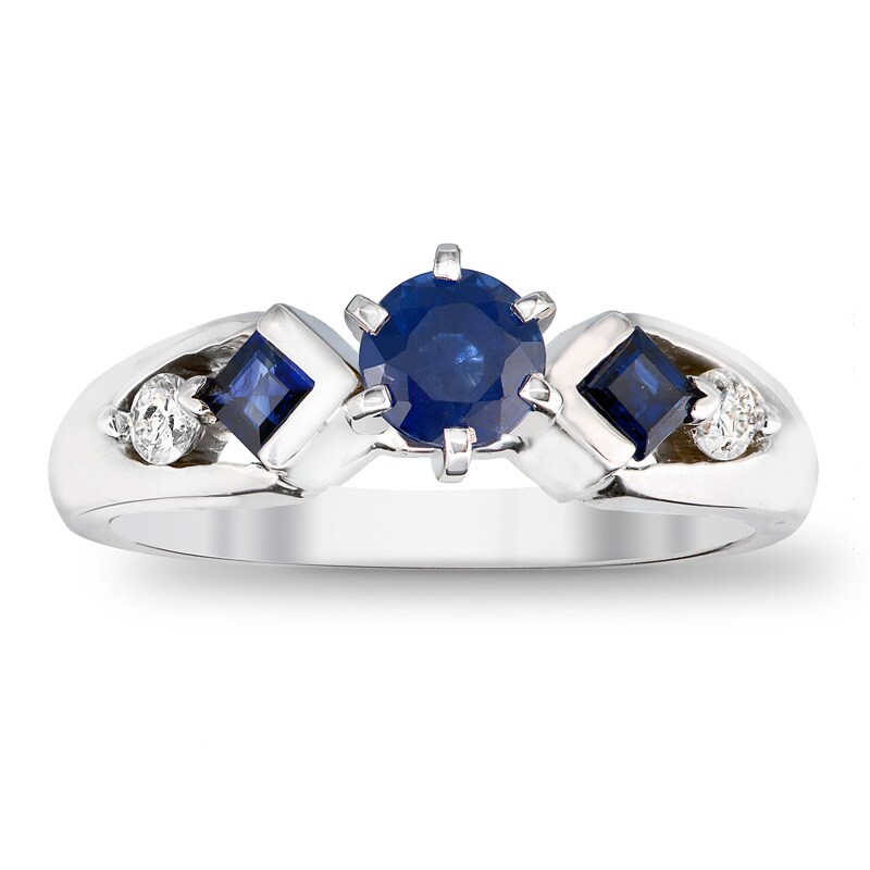 5.0mm Blue Sapphire and 1/10 CT. T.W. Diamond Engagement Ring in 14K White Gold