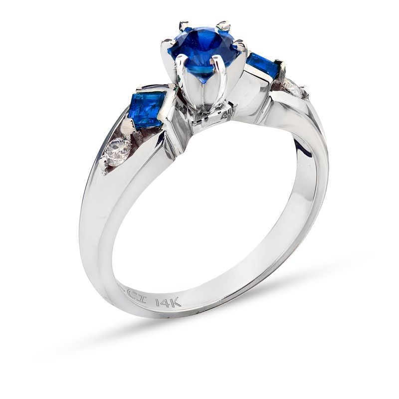 5.0mm Blue Sapphire and 1/10 CT. T.W. Diamond Engagement Ring in 14K White Gold