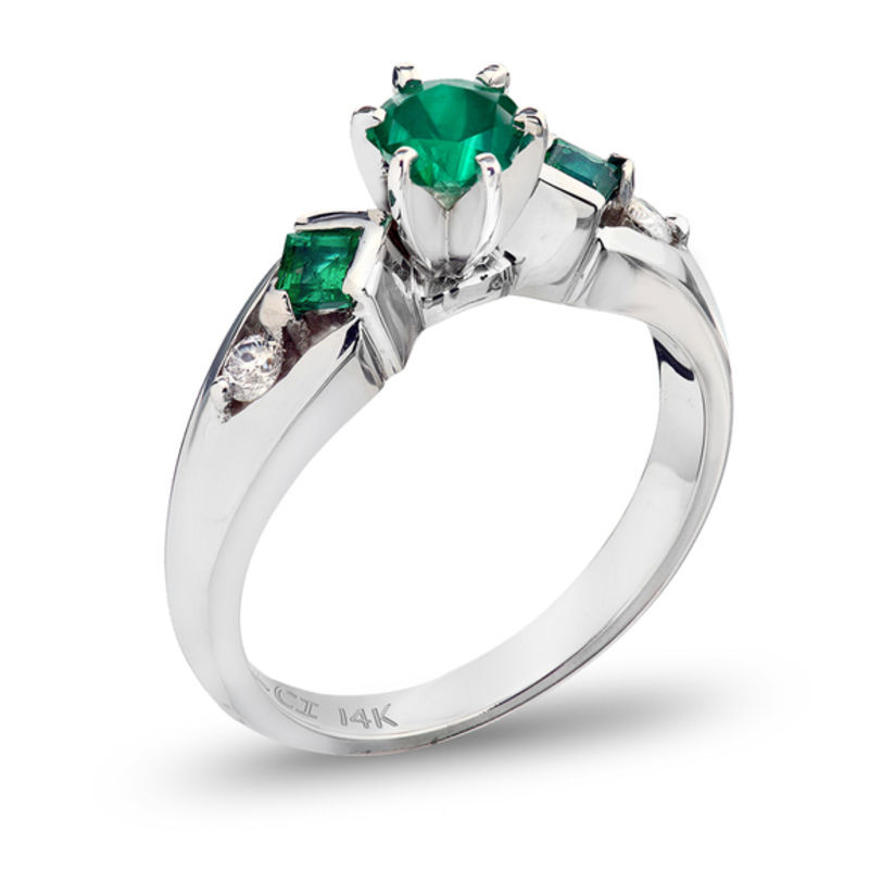 5.0mm Emerald and 1/10 CT. T.W. Diamond Engagement Ring in 14K White Gold