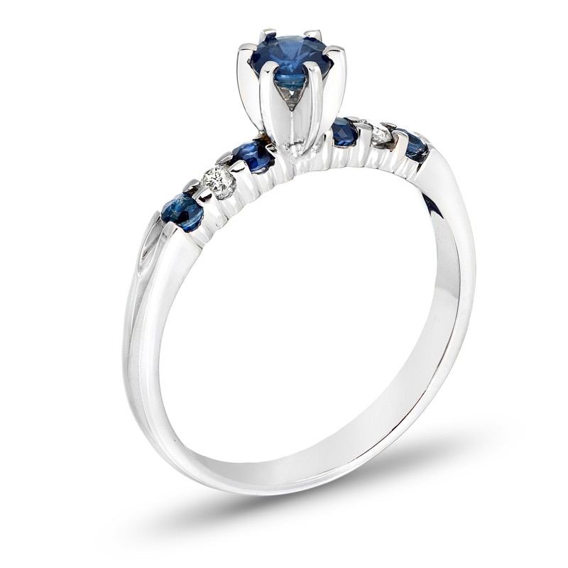 4.0mm Blue Sapphire and 1/10 CT. T.W. Diamond Engagement Ring in 14K White Gold