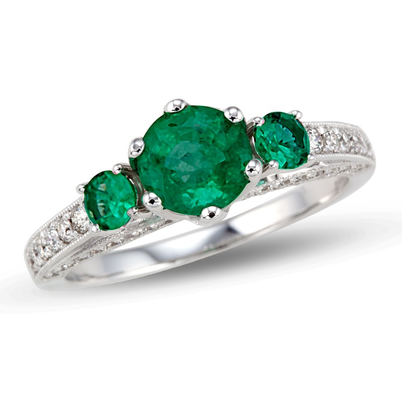 6.0mm Emerald and 3/8 CT. T.W. Diamond Engagement Three Stone Ring in 14K White Gold