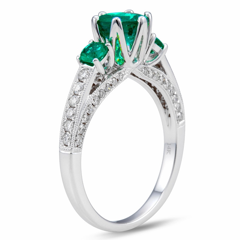 6.0mm Emerald and 3/8 CT. T.W. Diamond Engagement Three Stone Ring in 14K White Gold