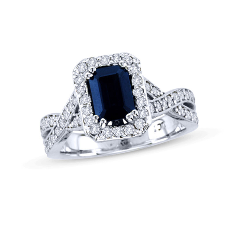 Your Stone Your Story ™ Emerald-Cut Blue Sapphire and 3/4 CT. T.W. Diamond Frame Twist Ring in 14K White Gold