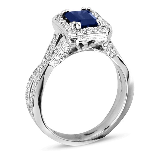 Your Stone Your Story â¢ Emerald-Cut Blue Sapphire and 3/4 CT. T.w. Diamond Frame Twist Ring in 14K White Gold