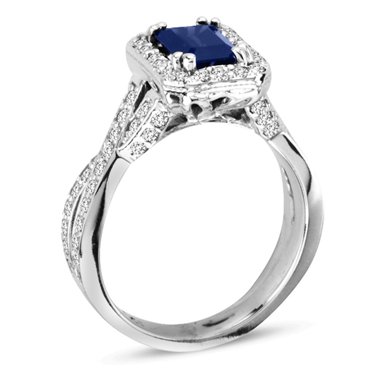 Your Stone Your Story ™ Emerald-Cut Blue Sapphire and 3/4 CT. T.W. Diamond Frame Twist Ring in 14K White Gold