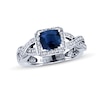 Thumbnail Image 0 of 6.0mm Cushion-Cut Blue Sapphire and 3/8 CT. T.W. Diamond Frame Engagement Ring in 14K White Gold