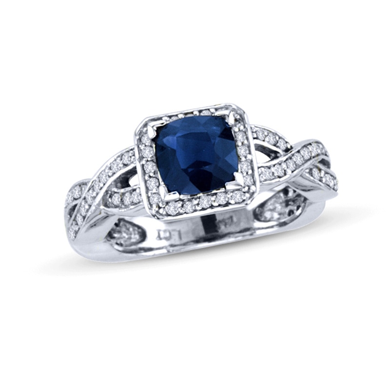 Main Image 1 of 6.0mm Cushion-Cut Blue Sapphire and 3/8 CT. T.W. Diamond Frame Engagement Ring in 14K White Gold