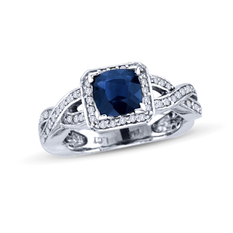 6.0mm Cushion-Cut Blue Sapphire and 3/8 CT. T.W. Diamond Frame Engagement Ring in 14K White Gold