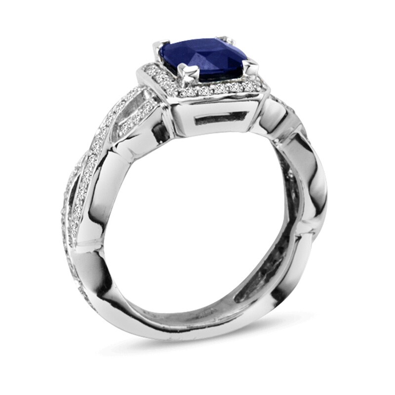 6.0mm Cushion-Cut Blue Sapphire and 3/8 CT. T.W. Diamond Frame Engagement Ring in 14K White Gold