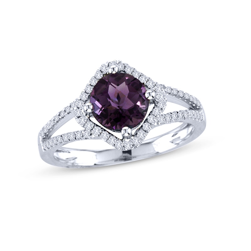 7.0mm Amethyst and 1/4 CT. T.W. Diamond Ring in 14K White Gold