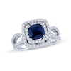 Thumbnail Image 1 of 6.5mm Cushion-Cut Blue Sapphire and 3/4 CT. T.W. Diamond Frame Engagement Ring in 14K White Gold
