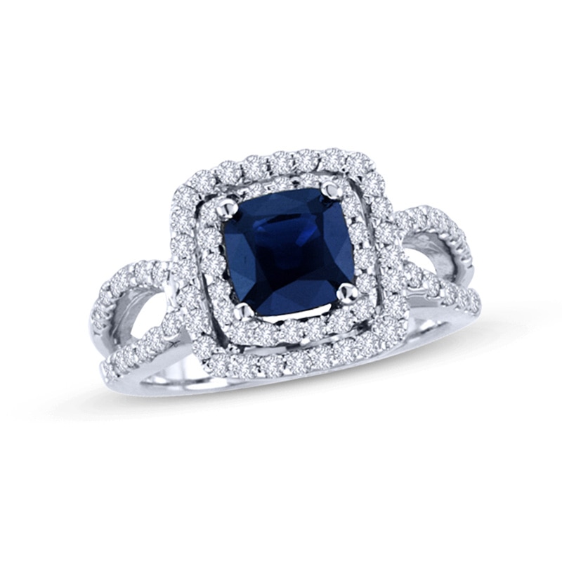 6.5mm Cushion-Cut Blue Sapphire and 3/4 CT. T.W. Diamond Frame Engagement Ring in 14K White Gold