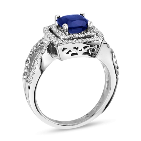 6.5mm Cushion-Cut Blue Sapphire and 3/4 CT. T.w. Diamond Frame Engagement Ring in 14K White Gold