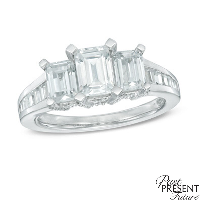 3 CT. T.W. Certified Emerald-Cut Diamond Past Present Future® Ring in 14K White Gold (I/I1)