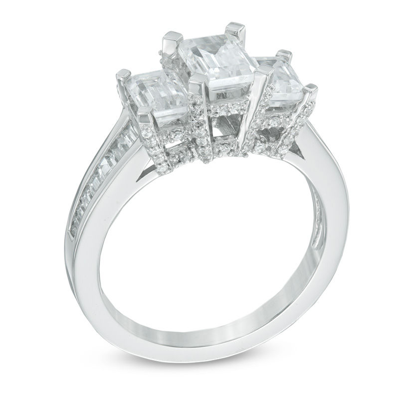 3 CT. T.W. Certified Emerald-Cut Diamond Past Present Future® Ring in 14K White Gold (I/I1)