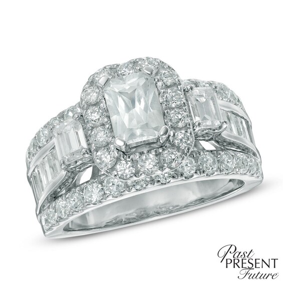3 CT. T.w. Emerald-Cut Diamond Frame Past Present Future® Ring in 14K White Gold