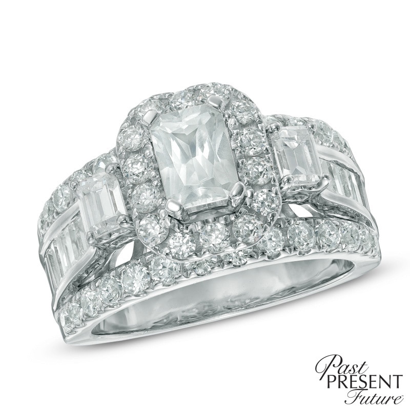 3 CT. T.W. Emerald-Cut Diamond Frame Past Present Future® Ring in 14K White Gold