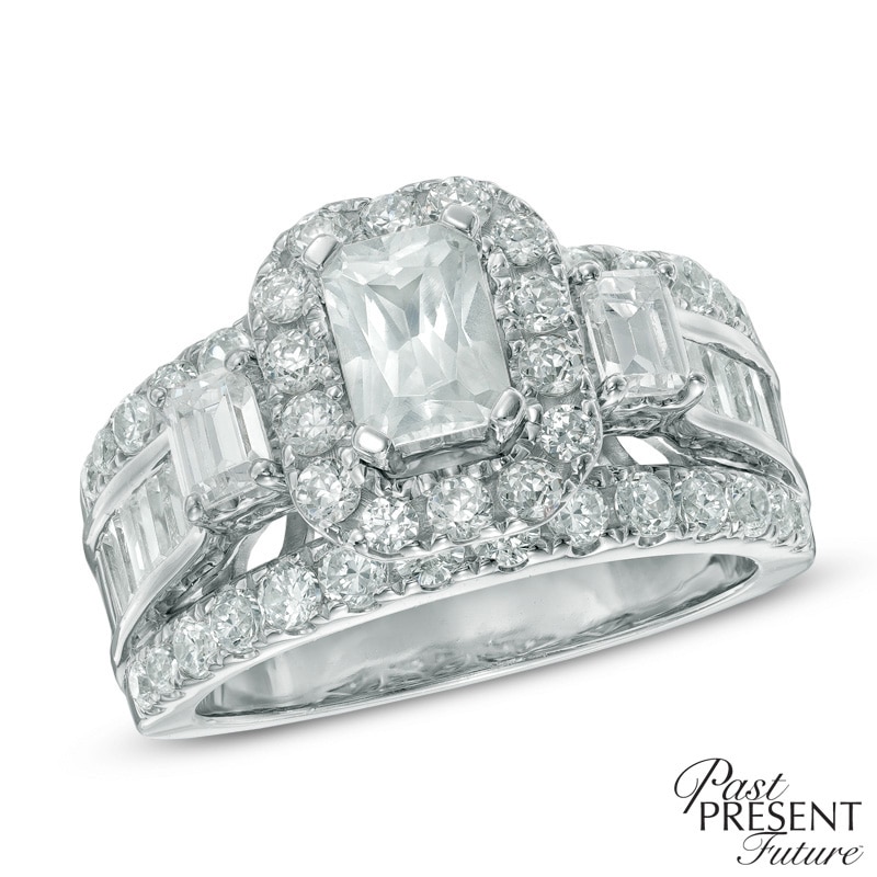 Main Image 1 of 3 CT. T.W. Emerald-Cut Diamond Frame Past Present Future® Ring in 14K White Gold