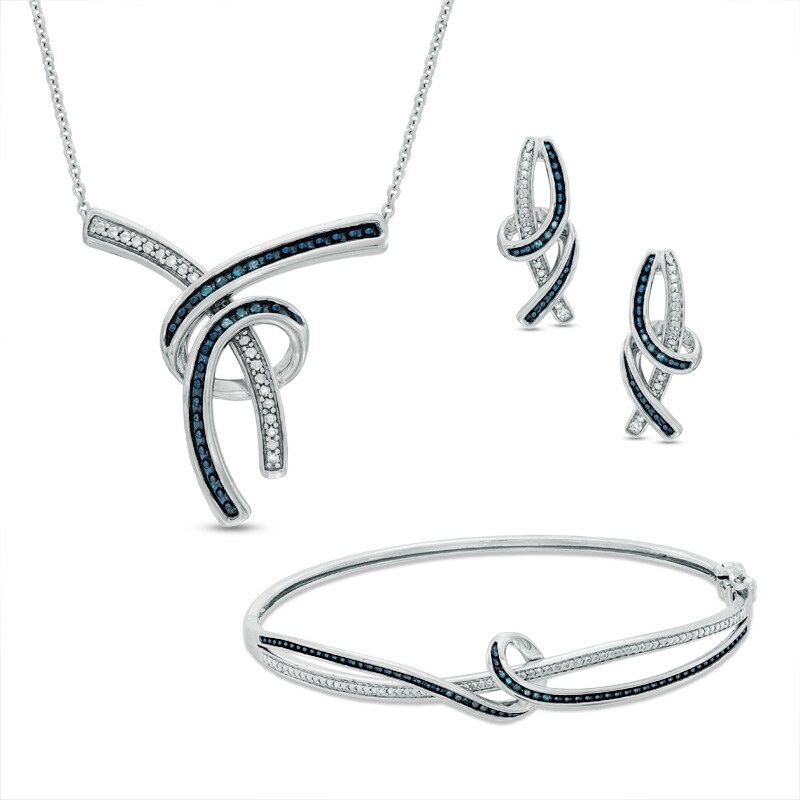 Main Image 1 of 1/8 CT. T.W. Enhanced Blue and White Diamond Abstract Three Piece Set in Sterling Silver