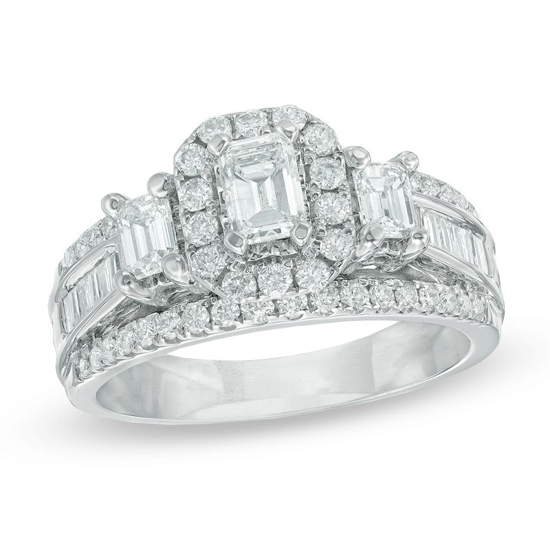 Main Image 1 of 1-1/2 CT. T.W. Emerald-Cut Diamond Frame Past Present Future® Ring in 14K White Gold