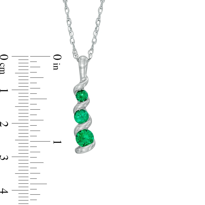 Lab-Created Emerald Three Stone Swirl Pendant in 10K White Gold