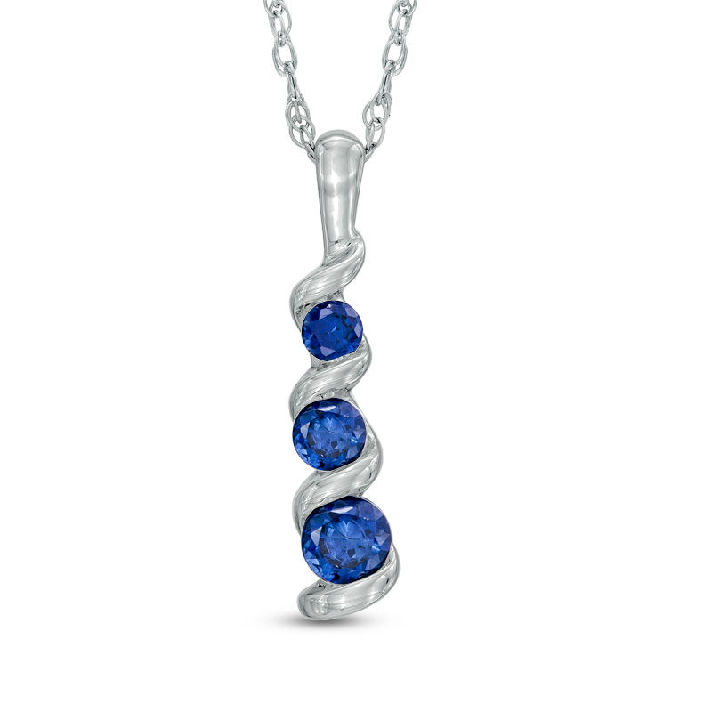 Main Image 1 of Lab-Created Blue Sapphire Three Stone Swirl Pendant in 10K White Gold