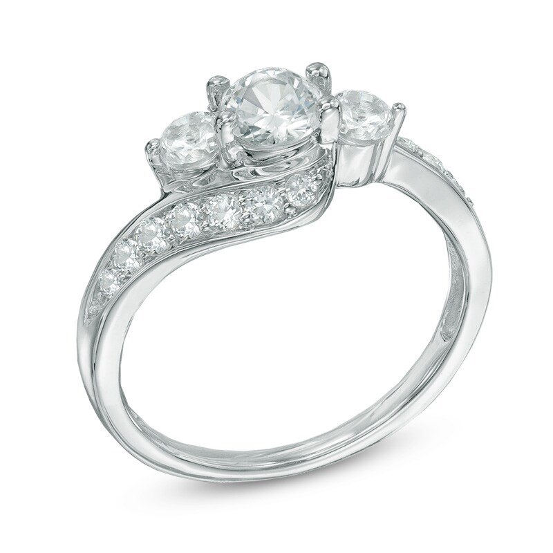 Lab-Created White Sapphire Three Stone Bypass Ring in 10K White Gold