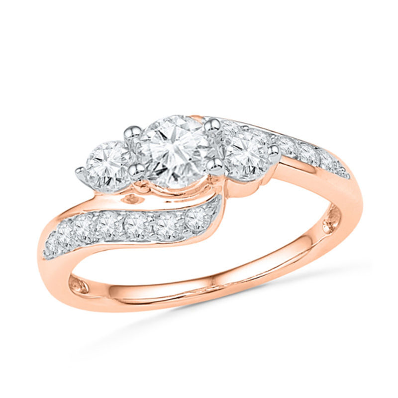 Main Image 1 of Lab-Created White Sapphire Three Stone Bypass Ring in 10K Rose Gold