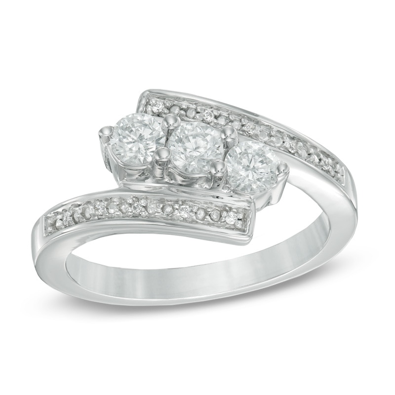 Lab-Created White Sapphire and Diamond Accent Three Stone Bypass Ring in Sterling Silver