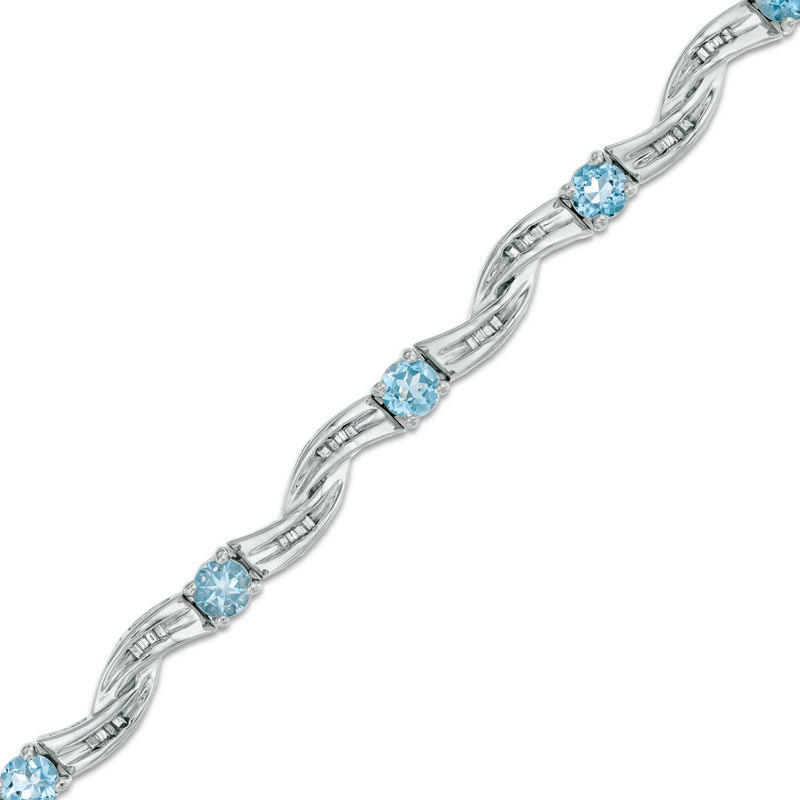 Blue Topaz and 1/20 CT. T.W. Diamond Twist Bracelet in Sterling Silver - 7.25"