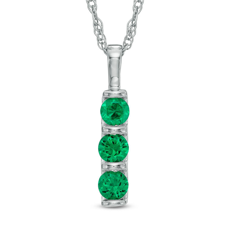 Lab-Created Emerald Three Stone Pendant in 10K White Gold | Zales