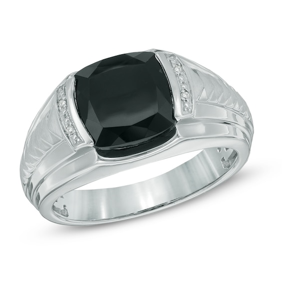Men's 10.0mm Cushion-Cut Onyx and Diamond Accent Ring in Sterling Silver