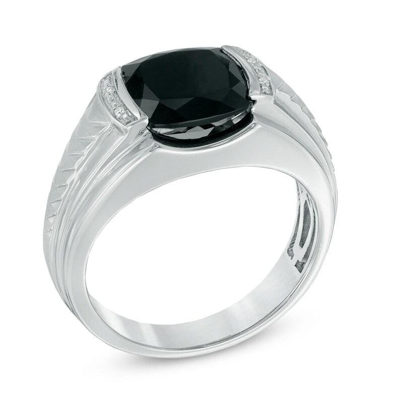 Main Image 2 of Men's 10.0mm Cushion-Cut Onyx and Diamond Accent Ring in Sterling Silver