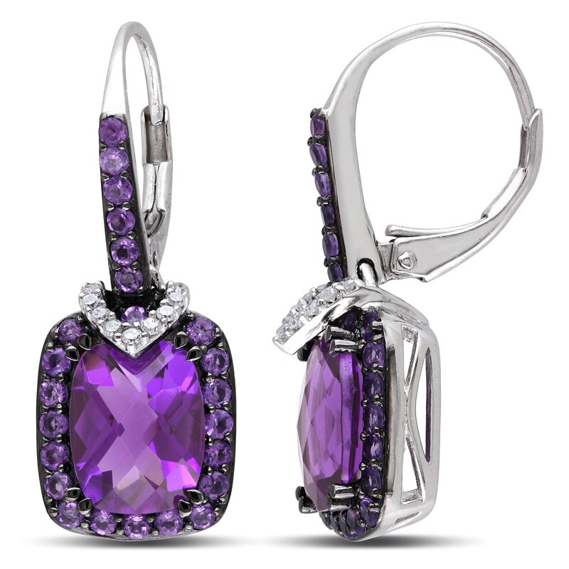 Main Image 1 of Cushion-Cut Amethyst and 1/10 CT. T.W. Diamond Drop Earrings in Sterling Silver with Black Rhodium
