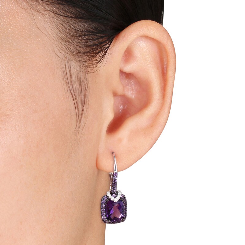 Main Image 3 of Cushion-Cut Amethyst and 1/10 CT. T.W. Diamond Drop Earrings in Sterling Silver with Black Rhodium