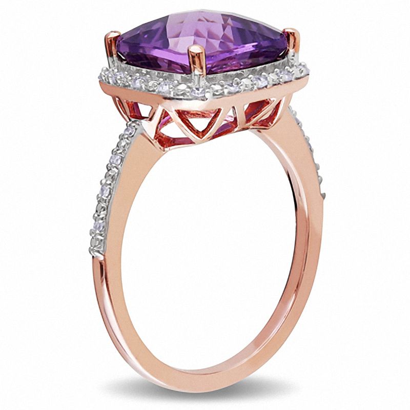 Main Image 2 of 10.0mm Cushion-Cut Amethyst and 1/10 CT. T.W. Diamond Frame Ring in 10K Rose Gold