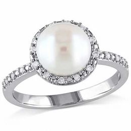 Pearl Rings Zales 8 0 5mm Cultured Freshwater Pearl And 1 10 Ct T W Diamond Frame