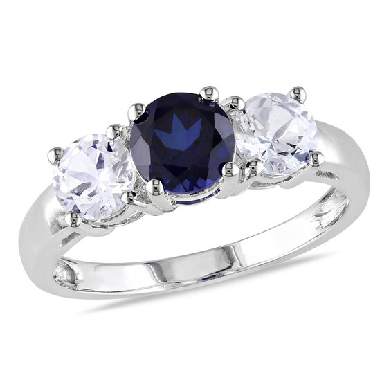 Lab-Created Blue and White Sapphire Three Stone Ring in 10K White Gold Lab-Created Blue and White Sapphire Three Stone Ring in 10K White Gold