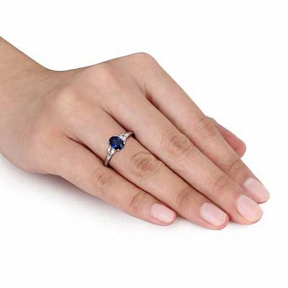 Lab-Created Blue and White Sapphire Three Stone Ring in 10K White Gold Lab-Created Blue and White Sapphire Three Stone Ring in 10K White Gold