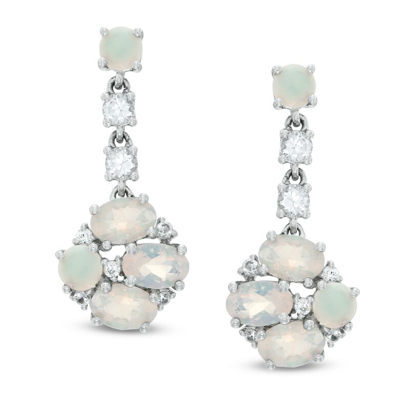 Main Image 1 of Oval Opal and Lab-Created White Sapphire Drop Earrings in Sterling Silver