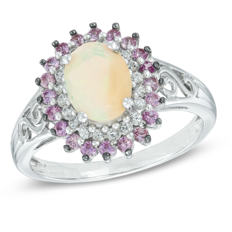 Main Image 1 of Oval Opal and Lab-Created Pink and White Sapphire Frame Ring in Sterling Silver
