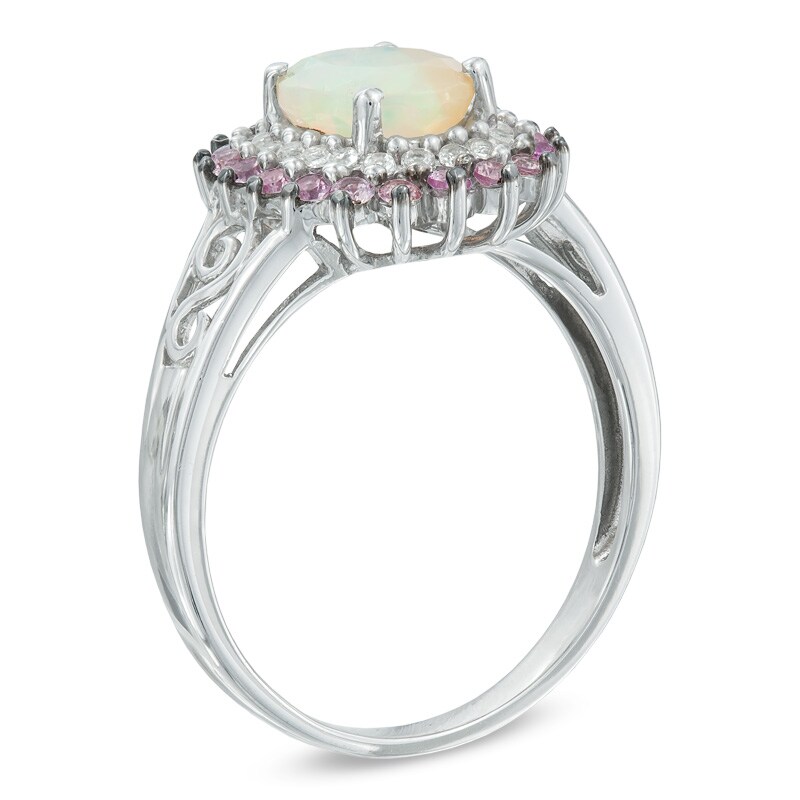 Main Image 2 of Oval Opal and Lab-Created Pink and White Sapphire Frame Ring in Sterling Silver