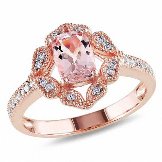 Cushion-Cut Morganite and 1/10 CT. T.W. Diamond Vintage-Style Ring in ...