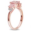 Thumbnail Image 1 of 6.0mm Cushion-Cut Morganite and Diamond Accent Three Stone Ring in Rose Rhodium Sterling Silver