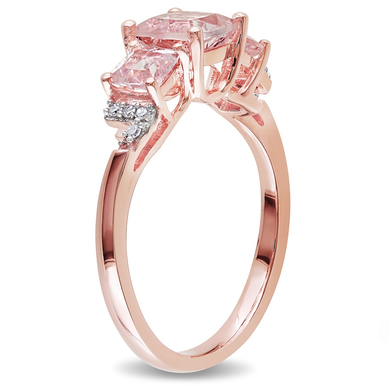 6.0mm Cushion-Cut Morganite and Diamond Accent Three Stone Ring in Rose Rhodium Sterling Silver