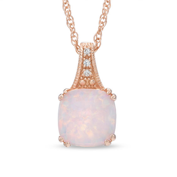 8.0mm Cushion-Cut Lab-Created Pink Opal and White Sapphire Pendant in Sterling Silver with 14K Rose Gold Plate